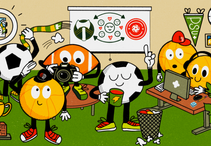 Animation of soccer ball, football and basketball drinking coffee in an office